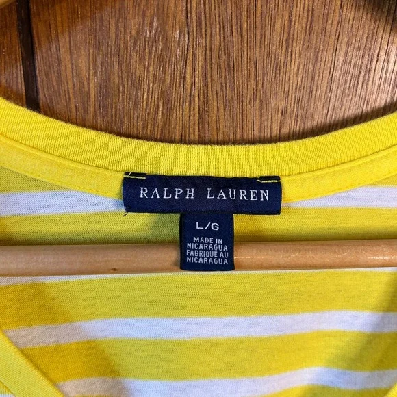 Ralph Lauren Womens T Shirt Large Yellow White Striped V Neck Pony Logo - Picture 4 of 6